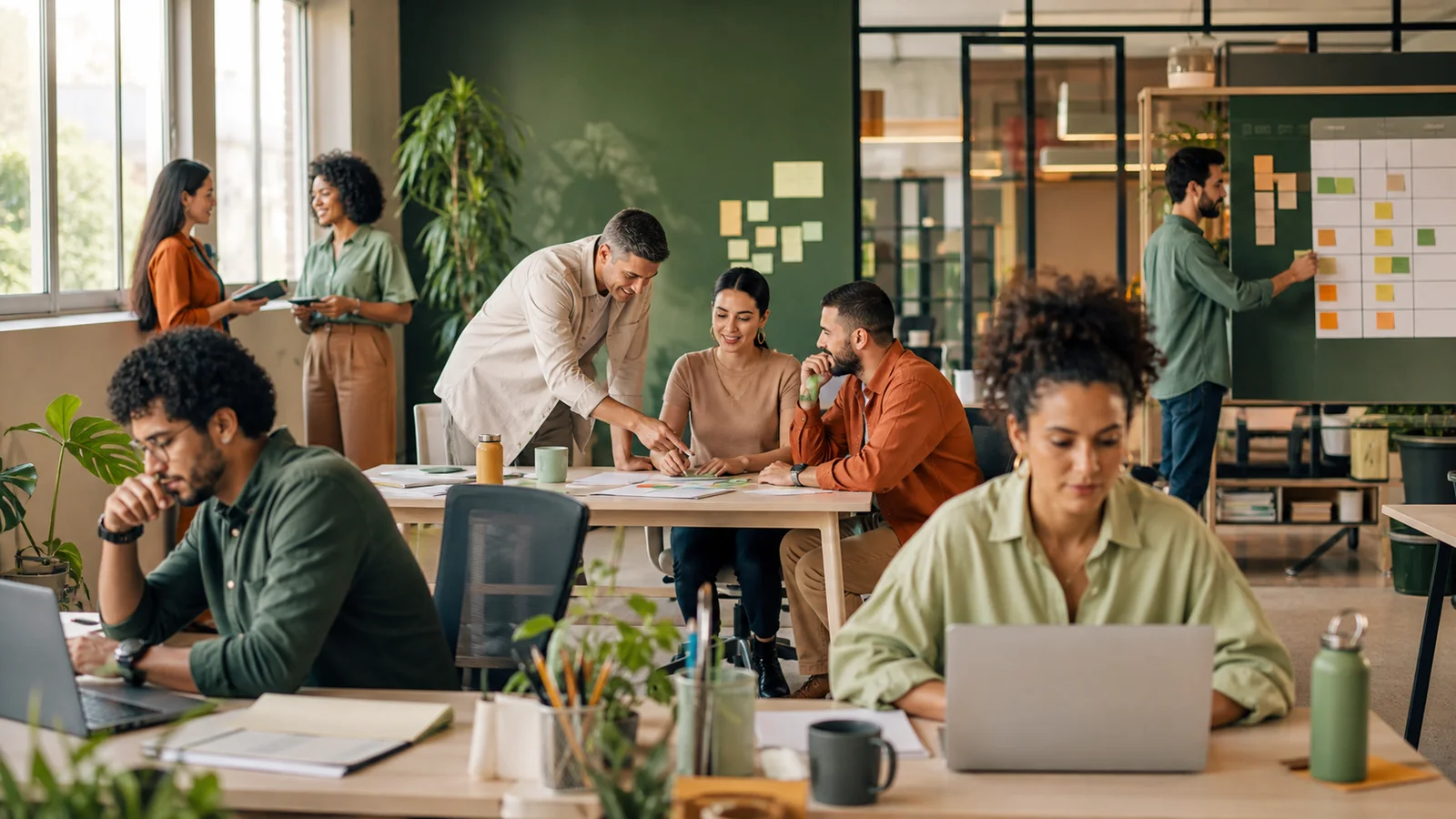 Ambiente de trabalho brasileiro representando diferentes fatores de risco psicossociais